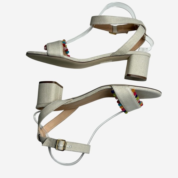 J Crew Lottie Sandals Size 9.5 Rainbow Pom-Pom Ivory Ankle Strap Buckle Closure - Picture 6 of 10